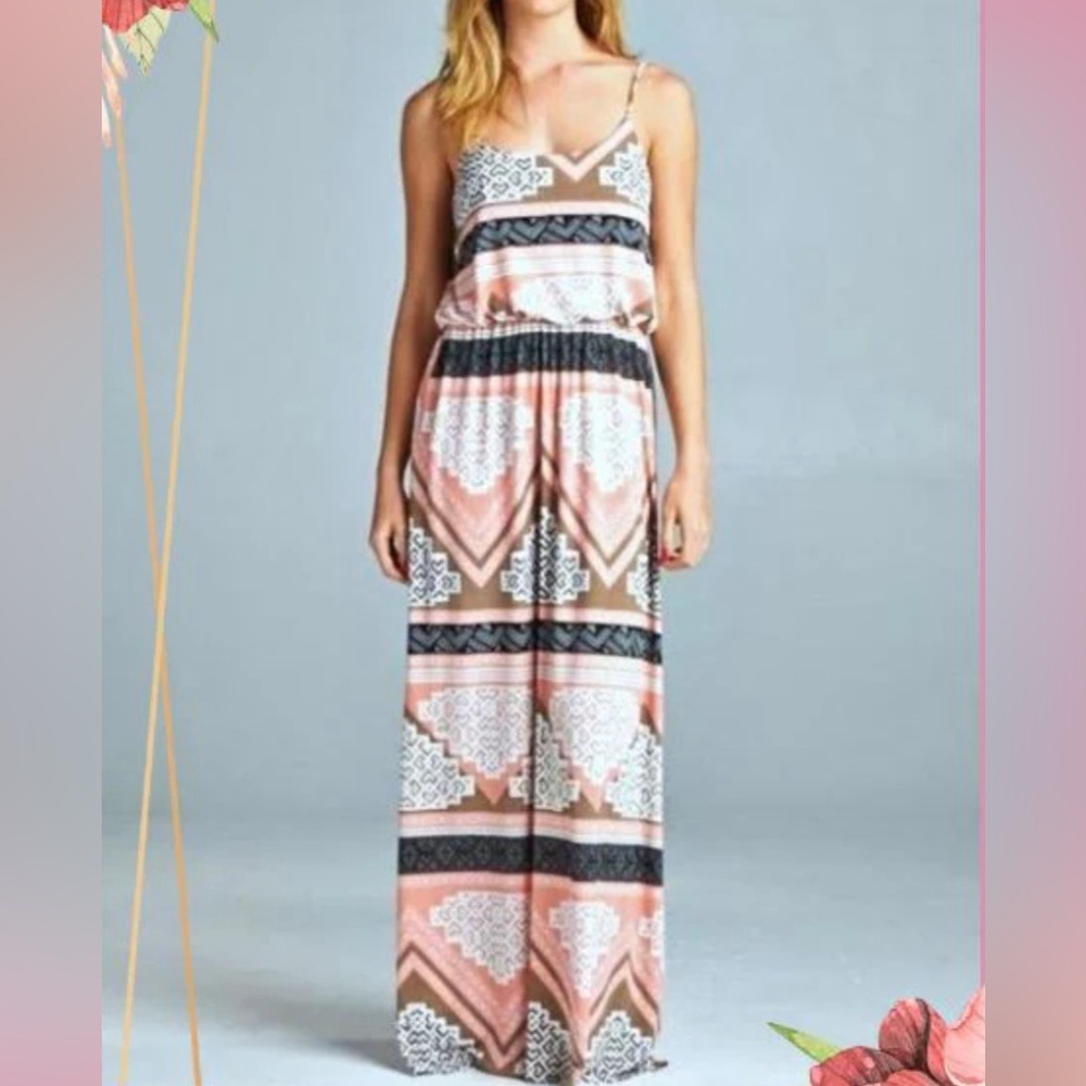 Vanilla BayStrappy Maxi Dress Ethnic Print - Pink Small